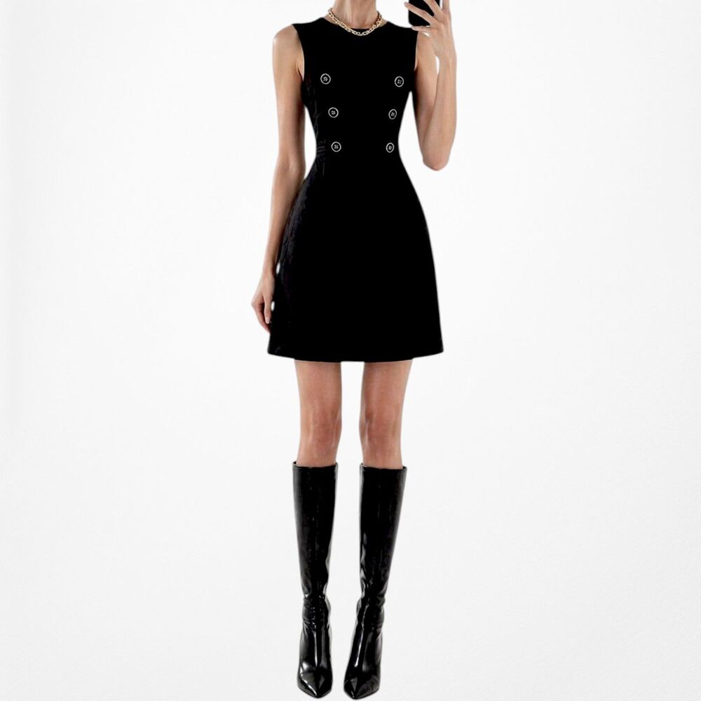 Vintage Y2K 90s Black Button Front A-Line Fit Flared Knee Length Dress Size M - Picture 3 of 9